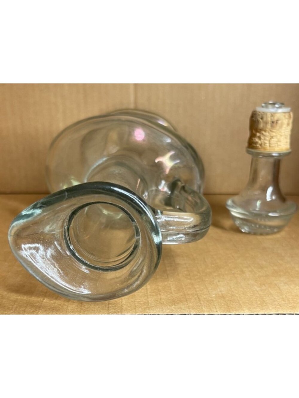 Vintage Clear Glass Wine Decanter 12” Cruet Style with Cork Glass Stopper & Hand - Picture 7 of 8